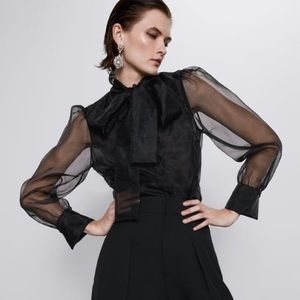 Zara Black Organza Blouse with Tie Neck